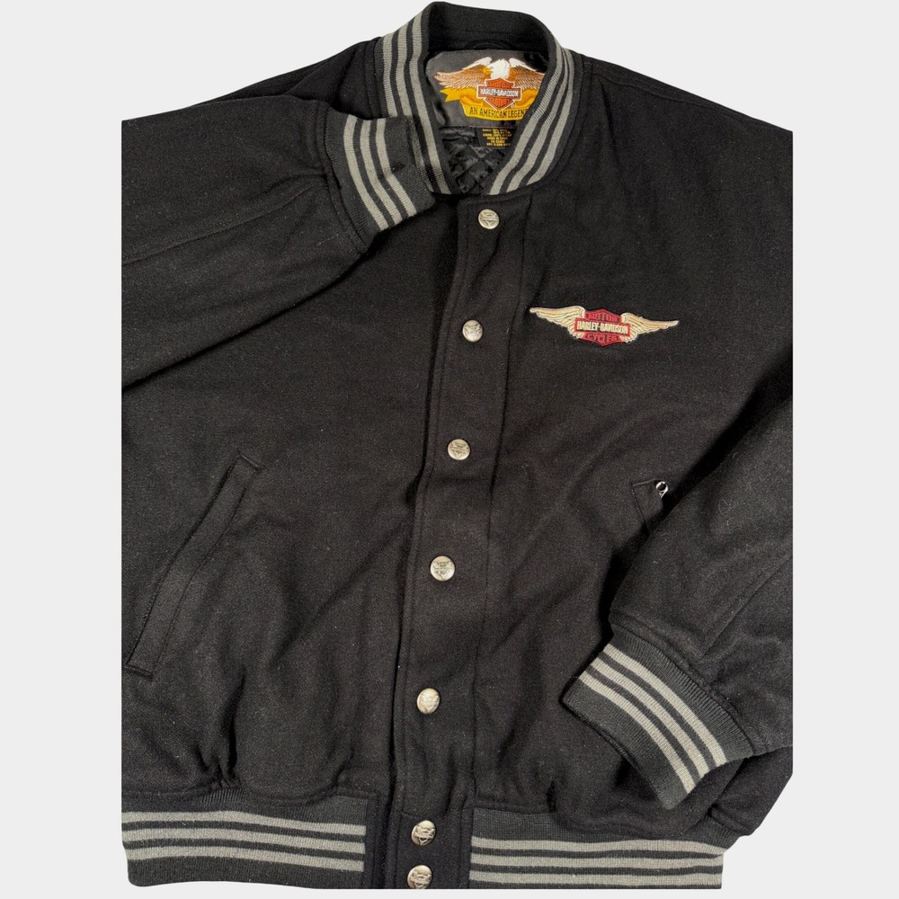 Harley-Davidson Wool Varsity Jacket Black Grey Engine Patches Mens Large